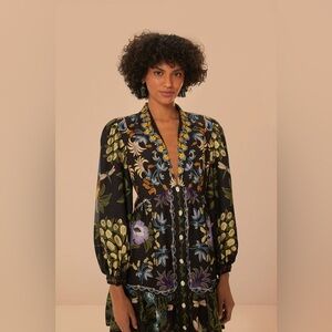 FARM RIO Black Winter Garden Mini Dress Long Sleeves, Size Medium, $248